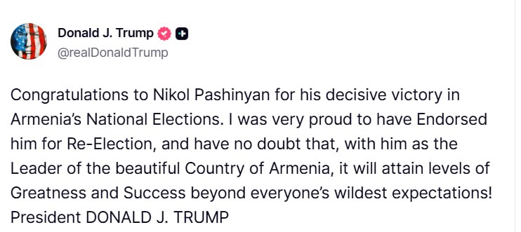 Дональд Трамп и Никол Пашинян, поздравление с победой на выборах в Армении